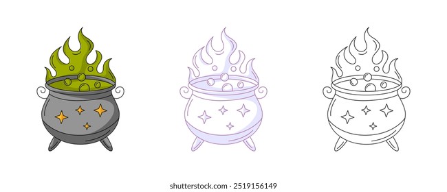 Cauldron with magic potion, colorful and line icons set. Traditional halloween symbol. Vector flat icon, monochrome purple, color, outline illustration. For logo, sticker, coloring book, label, print