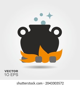 Cauldron with a magic potion. Flat silhouette icon with shadow