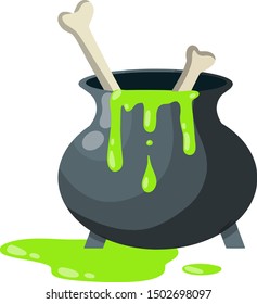 Cauldron of magic potion. Green elixir of witches. Halloween decoration element. Liquid and pot. Scary Bones. Dead cooked body. Cartoon flat illustration