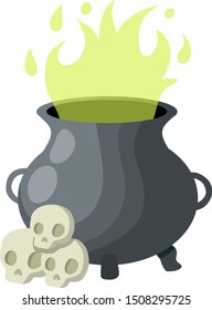 Cauldron of magic potion. Green smoke from pot. Pile of Skull and attribute of witch and sorcerer. Halloween decorations. Cartoon flat illustration. Poisonous elixir