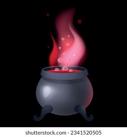 Cauldron. Magic potion in pot, love elixir, pink liquid, halloween witch alchemy beverage. Wizard tool for cooking. Magical laboratory equipment. Cartoon 3d isolated witchcraft illustration