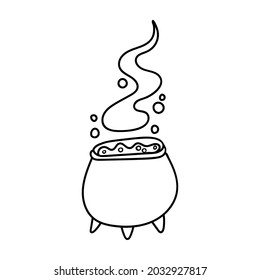 Cauldron with magic potion and smoke doodle art. Hand drawing vector illustration with black line. A simple element of the witch's dish. Icon from the collection for the holiday Halloween.