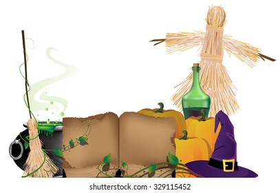 Cauldron with a magic potion, witch hat, scarecrow, ripe pumpkins and  old book on a white background. Halloween witchcraft supplies