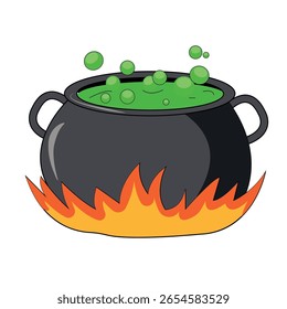 Caldero con la poción burbujeante verde mágica en el fuego aislado en el fondo blanco Halloween