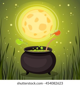 Cauldron with magical potion in dark forest. Magic elixir on cauldron vector illustration.