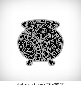 Cauldron mandala. Witch accessories. Element from mystery collection for Halloween party decoration, t shirt, invitation card, print. Vector illustration.