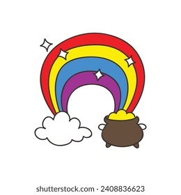 Cauldron with money icon. Doodle illustrations of a rainbow light falls into a pot full of gold coins isolated on a white background. St. Patrick's day concept. Vector 10 EPS.