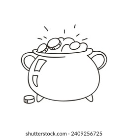 Cauldron with money icon. Doodle illustrations of a pot full of gold coins isolated on a white background. St. Patrick's day concept. Vector 10 EPS.
