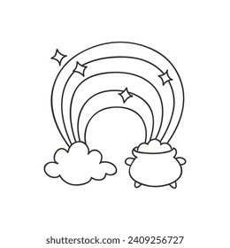 Cauldron with money icon. Doodle illustrations of a rainbow light falls into a pot full of gold coins isolated on a white background. St. Patrick's day concept. Vector 10 EPS.
