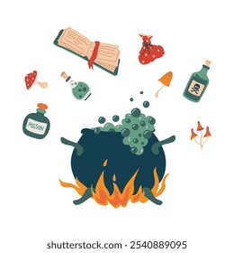 Cauldron with mystical potion from magical ingredients. A vat on a fire with boiling poison, flasks and bottles, mushrooms, a book with spells. Isolated vector illustration