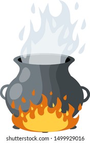 Cauldron on fire. Boiling potion. Black pot, steam and smoke. Element of Halloween. Witch and sorcerer's item. Food preparation. Cartoon flat illustration