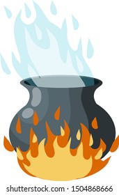 Cauldron on fire. Boiling potion. Black pot, steam and smoke. Element of Halloween. Witch and sorcerer's item. Food preparation. Cartoon flat illustration