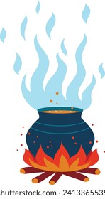 Cauldron on fire with boiling potion and magical blue flames. Witchcraft brew, Halloween sorcery concept. Magic cauldron vector illustration.