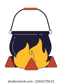 Cauldron on fire flat line color isolated vector object. Camping. Editable clip art image on white background. Simple outline cartoon spot illustration for web design
