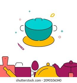Cauldron en un icono vectorial de línea rellena de bandeja, ilustración simple, borde inferior relacionado.