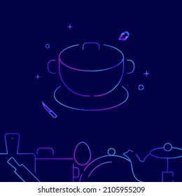 Cauldron on a tray gradient line vector icon, simple illustration on a dark blue background, kitchen related bottom border.