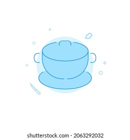Cauldron on a tray vector icon. Kitchen utensil. Flat illustration. Filled line style. Blue monochrome design. Editable stroke. Adjust line weight.