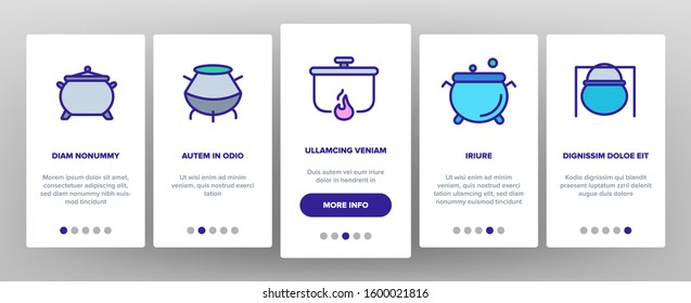 Cauldron Onboarding Mobile App Page Screen Vector. Cauldron On Flame Campfire And With Bubbles, With Foam And Witch Hat Illustrations