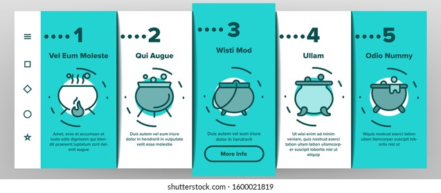 Cauldron Onboarding Mobile App Page Screen Vector. Cauldron On Flame Campfire And With Bubbles, With Foam And Witch Hat Illustrations