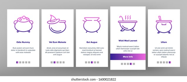 Cauldron Onboarding Mobile App Page Screen Vector. Cauldron On Flame Campfire And With Bubbles, With Foam And Witch Hat Illustrations