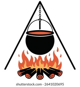 Cauldron over campfire cooking isolated vector illustration on white background