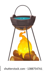 Cauldron over campfire for outdoor cooking isolated vector