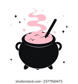 Cauldron with pink witch poison. Scary Devils Cauldron Halloween Decoration. Vector cute illustration of black witch pot in trendy colors for postcard, flyer, banner. Happy Halloween.