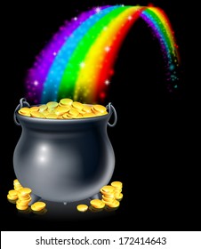 A cauldron or a pot full of gold coins at the end of the rainbow. Pot of gold at the end of the rainbow concept