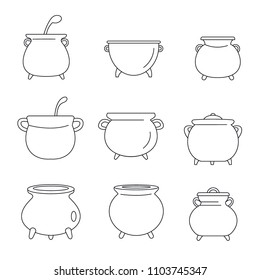 Cauldron pot kettle halloween icons set. Outline illustration of 9 cauldron pot kettle halloween vector icons for web