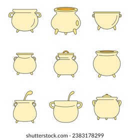 Cauldron pot kettle halloween icons set. Outline illustration of 9 cauldron pot kettle halloween vector icons thin line color flat on white