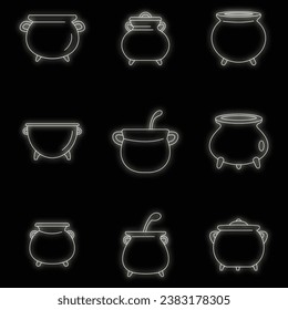 Cauldron pot kettle halloween icons set. Outline illustration of 9 cauldron pot kettle halloween vector icons neon color on black