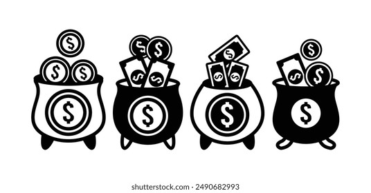 cauldron pot with money coin icon symbol sign vector design black white color simple illustration collection set