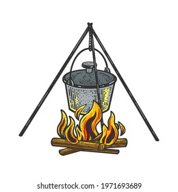 cauldron pot on fire color sketch engraving vector illustration. T-shirt apparel print design. Scratch board imitation. Black and white hand drawn image.