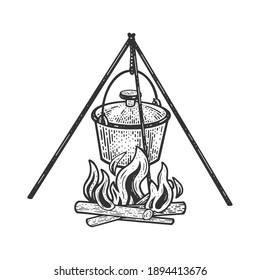 cauldron pot on fire sketch engraving vector illustration. T-shirt apparel print design. Scratch board imitation. Black and white hand drawn image.