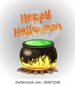 The cauldron with potion. Boiler on grey background.Happy Halloween.