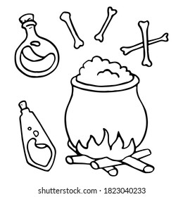 Cauldron and potion bottles on white isolated backdrop. Bones icon for invitation or gift card, notebook, bath tile, scrapbook. Phone case or cloth print art. Doodle style stock vector illustration