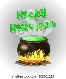The cauldron with potion. Happy Halloween poster. Vector isolated illustration. Design of Invitation card for halloween party.