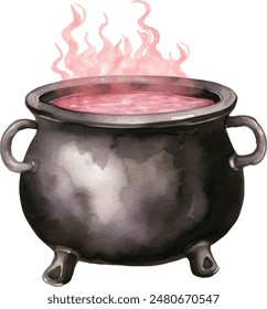 Cauldron, potion, magic, school of magic. Magic school. Watercolor illustration isolated on white background. Halloween. Use it for postcards, invitations, and scrapbooking.