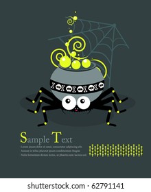 A cauldron of potion is on the crushed spider. Illustration