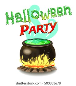 Cauldron with potion on fire. Vector isolated illustration.Halloween.