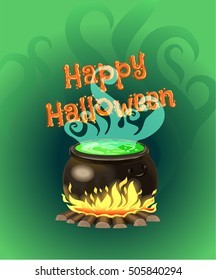 The cauldron with potion on green background.Happy Halloween poster. Design of Invitation card for halloween party. Symbol of witch.
