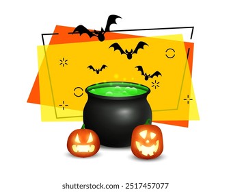 Cauldron with potion and pumpkin lanterns nearby. Halloween banner design with flying bats on abstract background. Vector illustration can be used for invitations, posters, postcards