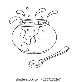cauldron with potion and spoon, vector illustration isolated on white background hand drawing