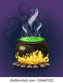 The cauldron with potion. Vector illustration. Design of icon for game. Symbol of witch.