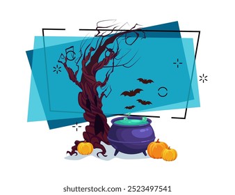 Caldero con Ilustración vectorial de poción. Árbol viejo desnudo y calabazas sobre fondo abstracto. Diseño de Anuncio de Halloween. Celebración, fiesta, miedo, concepto de vacaciones. Puede ser utilizado para el cartel o la invitación