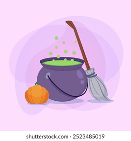 Cauldron with potion, witch broom and pumpkin on abstract background. Halloween banner design. Celebration, holiday, party concept. Vector illustration for invitation or poster