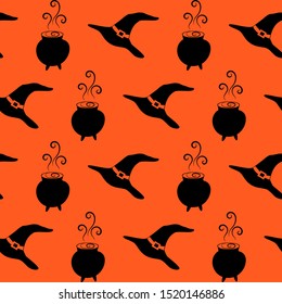 Cauldron with potion and witch hat vector seamless pattern. Black silhouettes of seamless texture. Halloween. Textiles, wrapping paper, wallpaper design. Orange and black color.