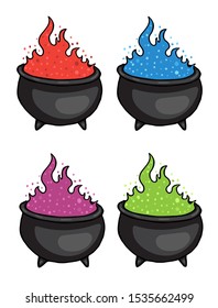 Cauldron potion witch set, green, purple, red, blue colors vector illustration for design and decoration, halloween, holidays