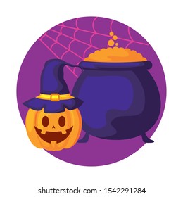 cauldron with pumpkin of halloween icon vector illustration design
