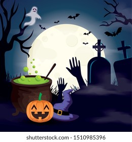 cauldron with pumpkin and icons in scene halloween